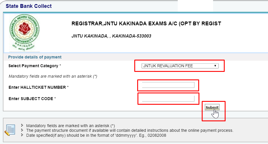 JNTUK Procedure To Apply For Revaluation Recounting through online