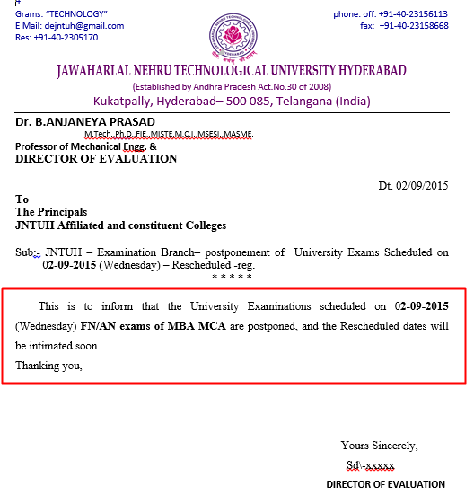 JNTUH MBA and MCA Examinations Scheduled on 02-09-2015 are Postponed