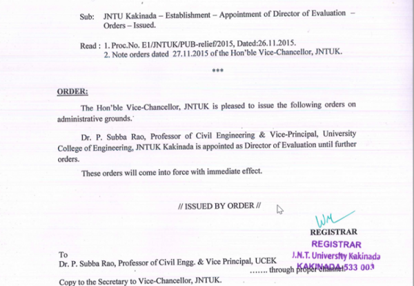 JNTU Kakinada - Establishment Appointment of Director of Evaluation - Orders - Issued