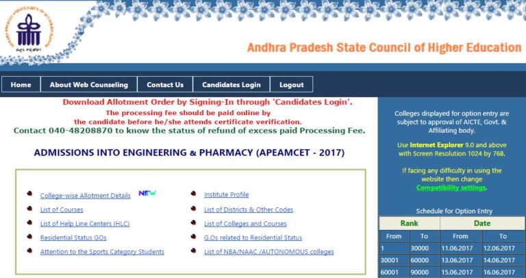 AP EAMCET Seat Allotment Results 2017