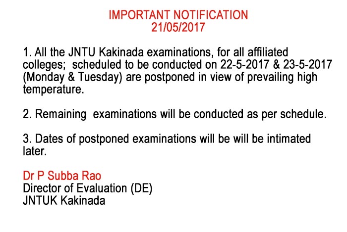 JNTUK All the Examinations Scheduled on 22nd & 23rd May 2017 Are Postponed