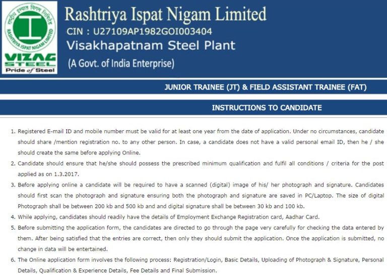 Vizag Steel Plant Recruitment 2017 – Apply Online For 647 Junior Trainees and 91 Field Assistant Trainee Posts at www.vizagsteel.com