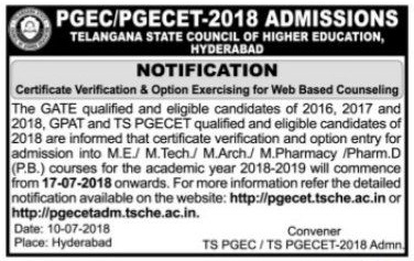 TS PGECET Counselling Dates 2018 Rank Wise, Certificate verification, Web Options @ pgecetadm.tsche.ac.in