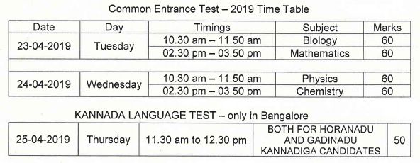 Karnataka CET Time Table 2019