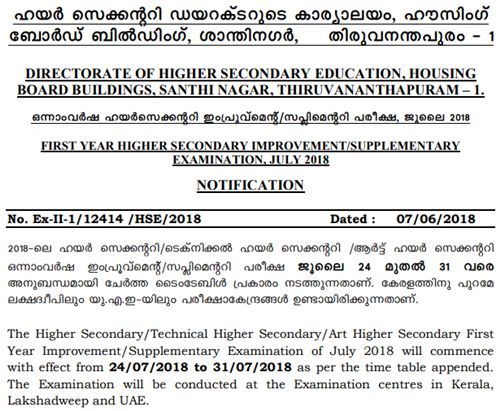 Kerala DHSE First Year Improvement-Supplementary Time Table