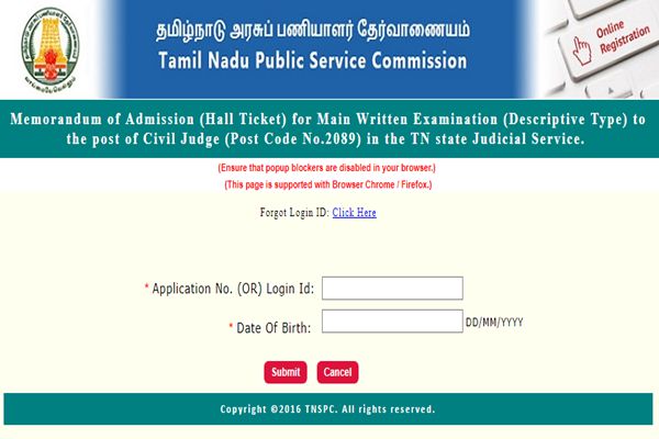 TNPSC Civil Judge Main Hall Ticket 2018