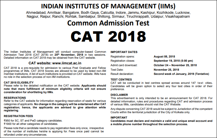 CAT 2018 Notification Apply Online Here – Exam Dates, Registration/ Application Form Fees @ iimcat.ac.in