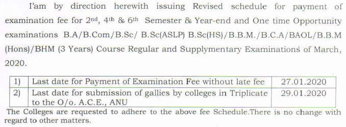 Revised Fee Schedule of U.G.Degree 2,4, & 6 Semesters and Year-end & One time Opportunity Exams, March, 2020