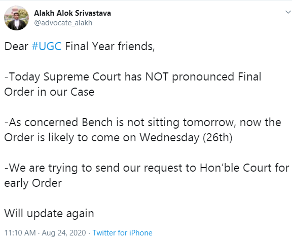 Supreme Court decision on final year exams 2020 likely on August 26