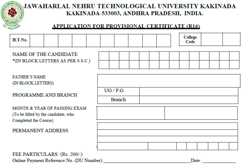 JNTUK PC Application Form (R16) Download – Provisional Cerificate Form