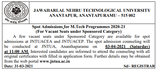 JNTUA M.Tech Spot Admissions Notification 2020-21 @ jntua.ac.in