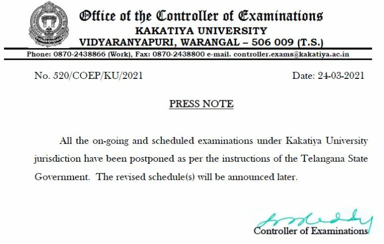 Kakatiya University All the ongoing and Scheduled Exams are Postponed