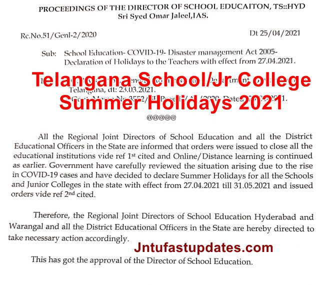 Telangana School-College Summer Holidays 2021