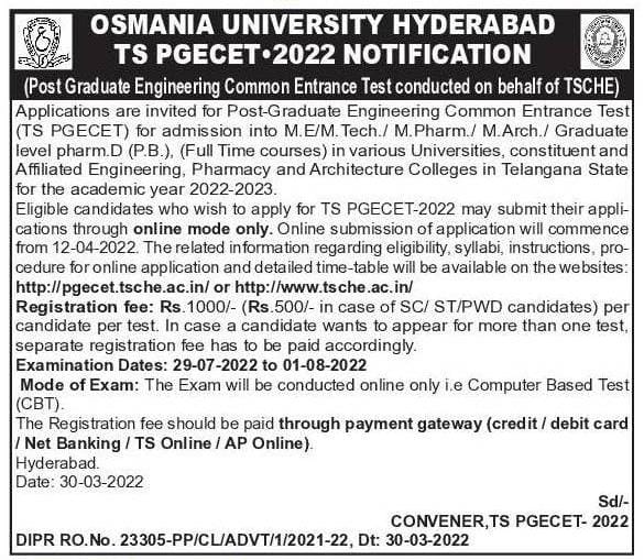 TS PGECET 2022 Registration Started At Pgecet.tsche.ac.in