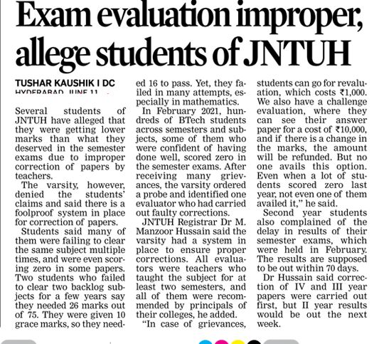 JNTUH Article Published in News Paper Regarding 2-1, 2-2 Sem Results 2022