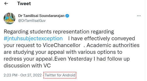 JNTUH Governor Dr Tamilisai Soundararajan Tweet Regarding Subject Exemption for R18 Students